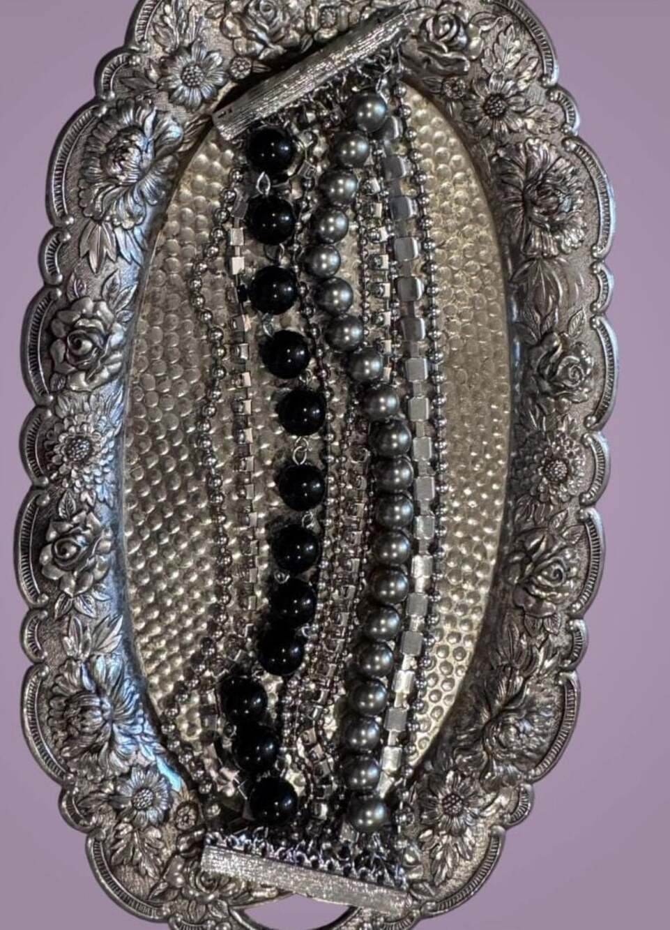 Multi-Strand Black and Grey Bead Statement Bracelet with Rhinestone Accents